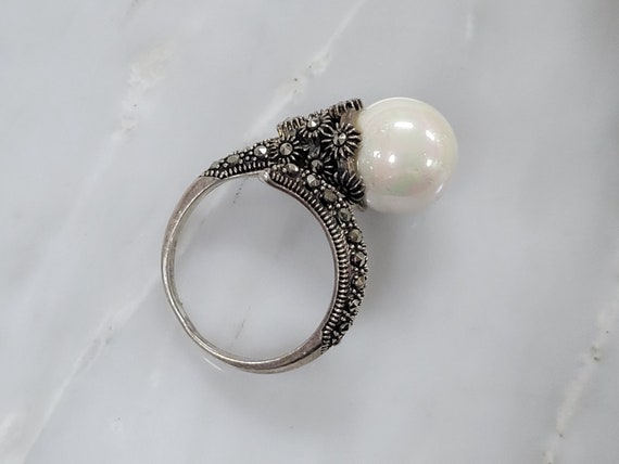 Vintage Sterling Silver Faux Pearl And Marcasites… - image 3