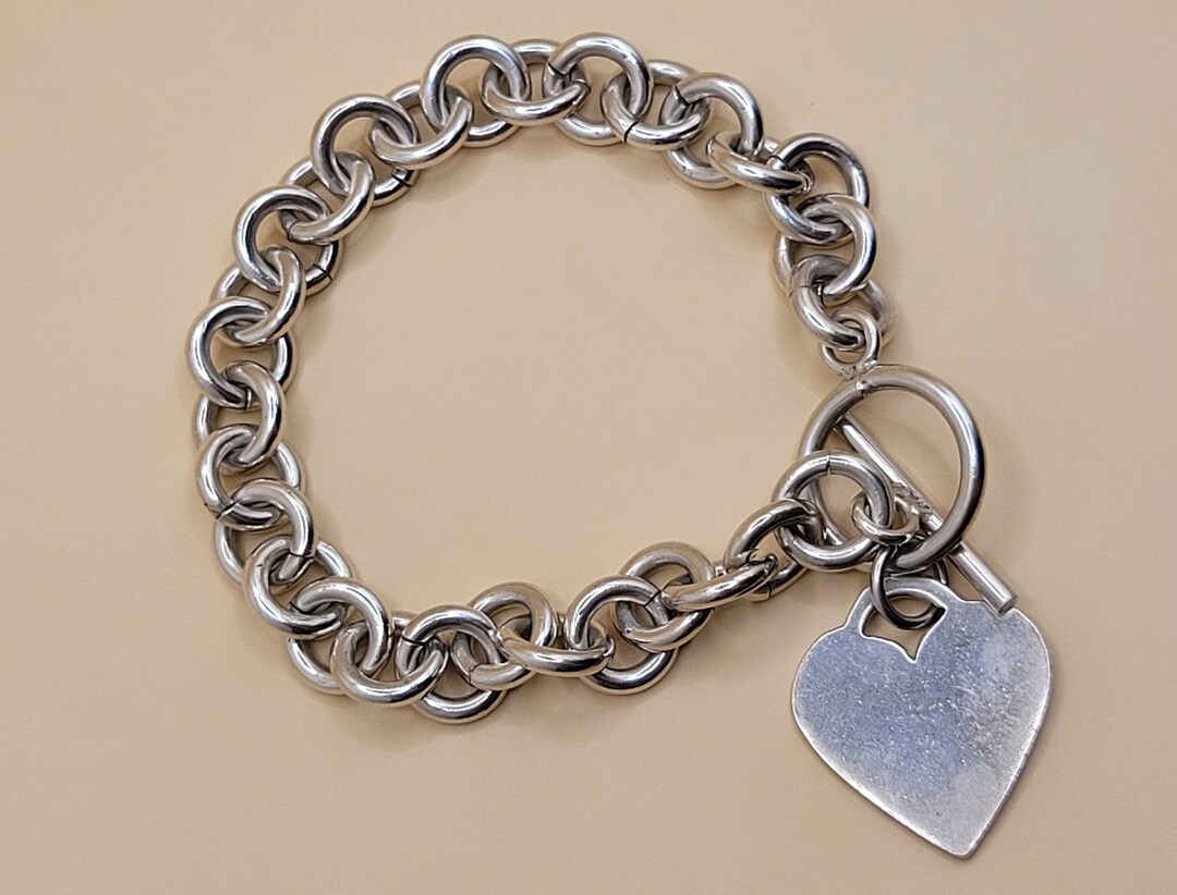 Vintage Sterling Silver Heart Charm Toggle Clasp Cable Link