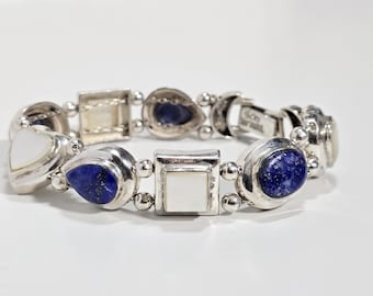 Sterling Silver Lapis Lazuli And Mother Of Pearl Tennis Bracelet 7.5 in