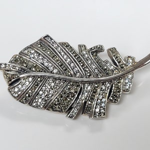 May include: A silver feather brooch with clear and dark grey crystals.