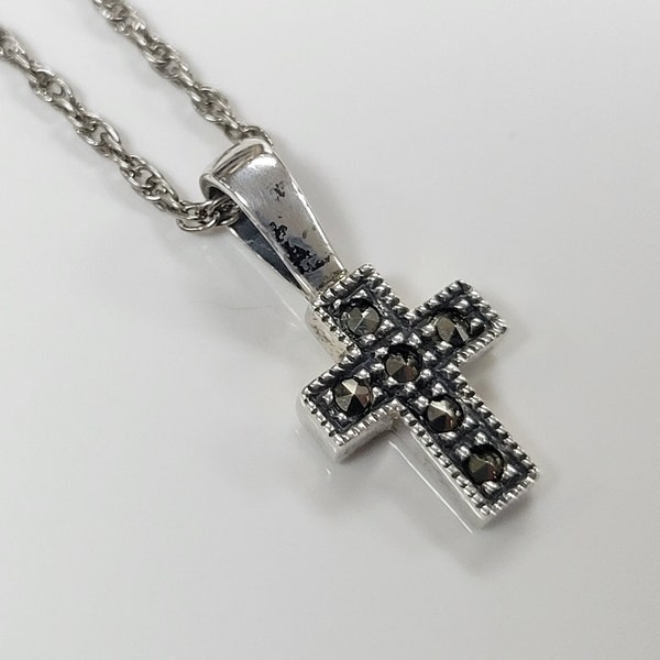 Judith Jack Sterling Silver Marcasite Small Cross Pendant on Rope Chain Dainty Necklace size 17.5 in (S33)