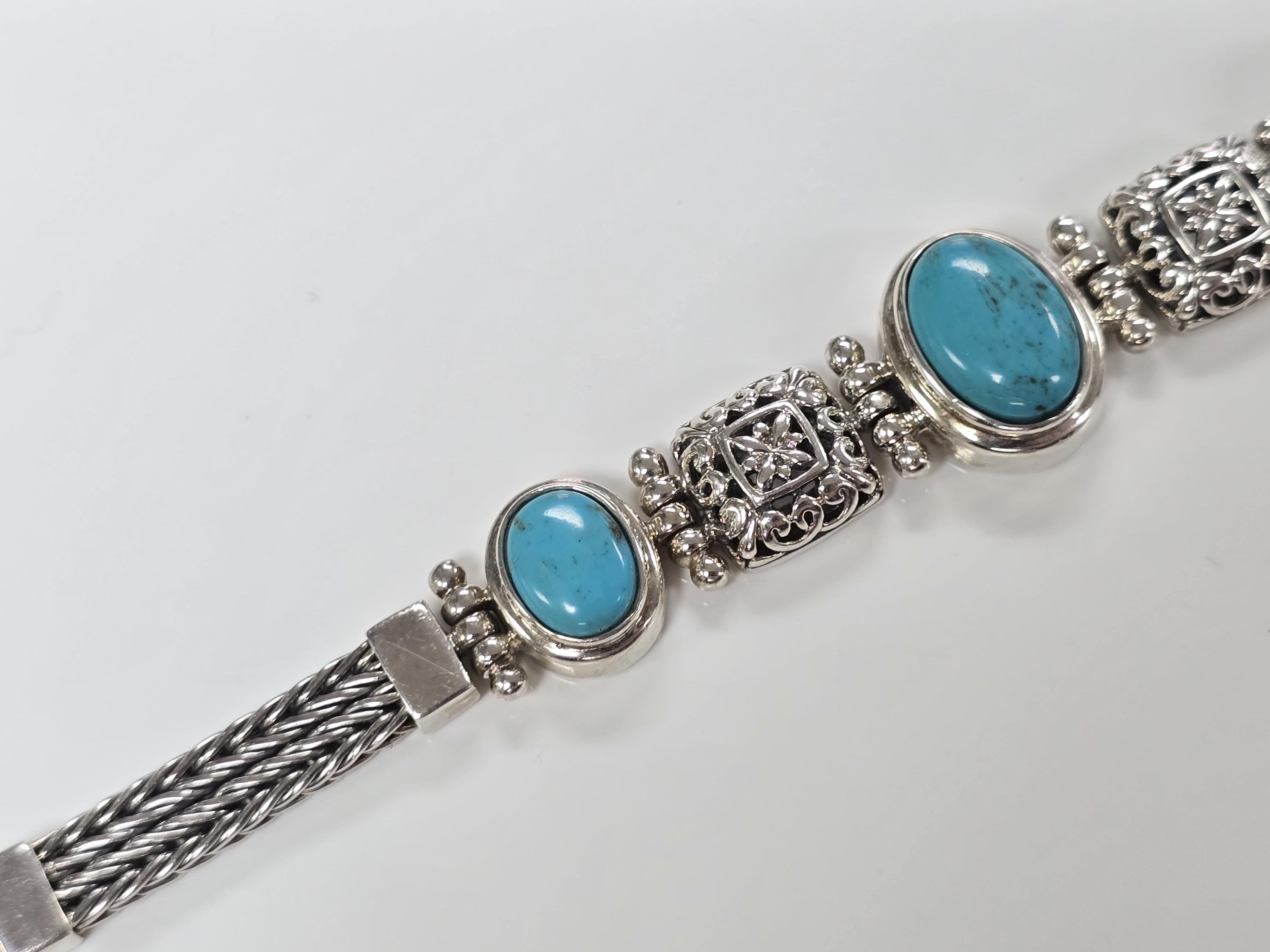Vintage Sterling Silver Turquoise Ornate Foxtail Chain Bracelet