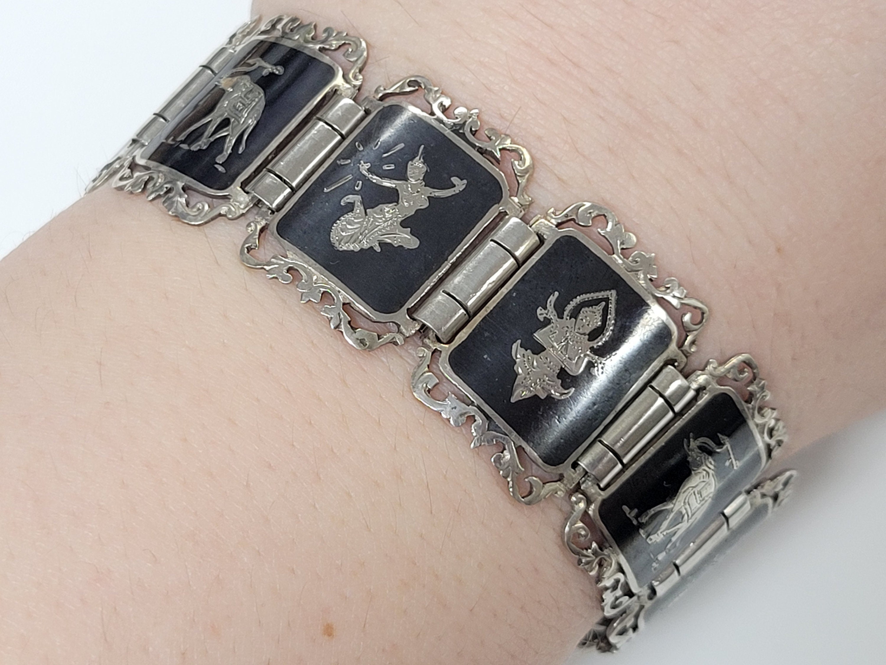 サイアム シルバー ブラック ニエロ タイ ダンサー ブレスレット Siam Sterling Silver Filigree Black Niello Thai Dancer Link