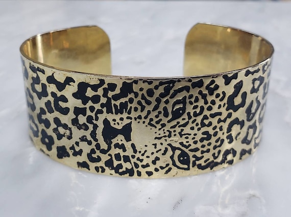 Vintage Gold Tone Cheetah Design Cuff Bracelet (E) - image 1