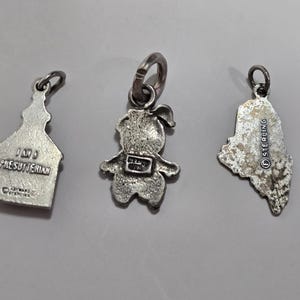 May include: Three silver charm pendants. One is a church with the text "1873 Presbyterian", another is a small person with a backpack, and the last is a state outline with the text "Sterling".