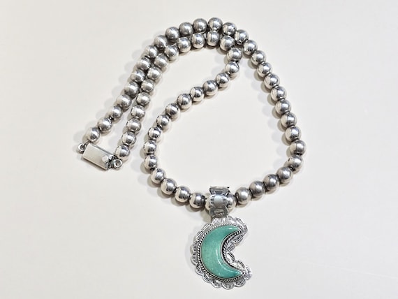 Vintage Southwestern Sterling Silver Turquoise Crescent Moon Pendant Necklace