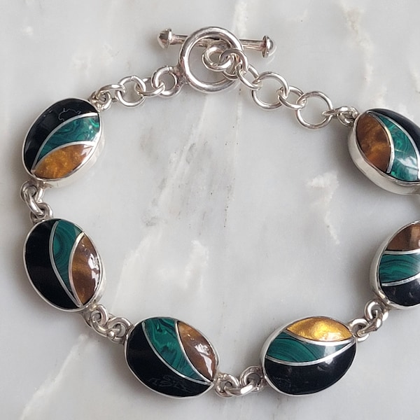 Sterling Silver Malachite Black Onyx And Tiger's Eye oval Link Mexico Bracelet with Toggle Clasp size 7.75 in (V25)