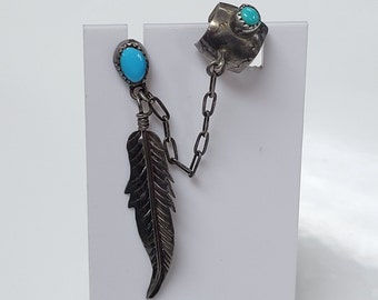 Navajo Sterling Silver Turquoise Feather Dangle Earring With Ear Cuff (U43)