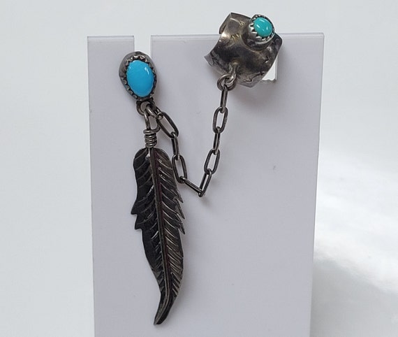 Navajo Sterling Silver Turquoise Feather Dangle E… - image 1