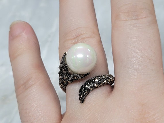 Vintage Sterling Silver Faux Pearl And Marcasites… - image 6