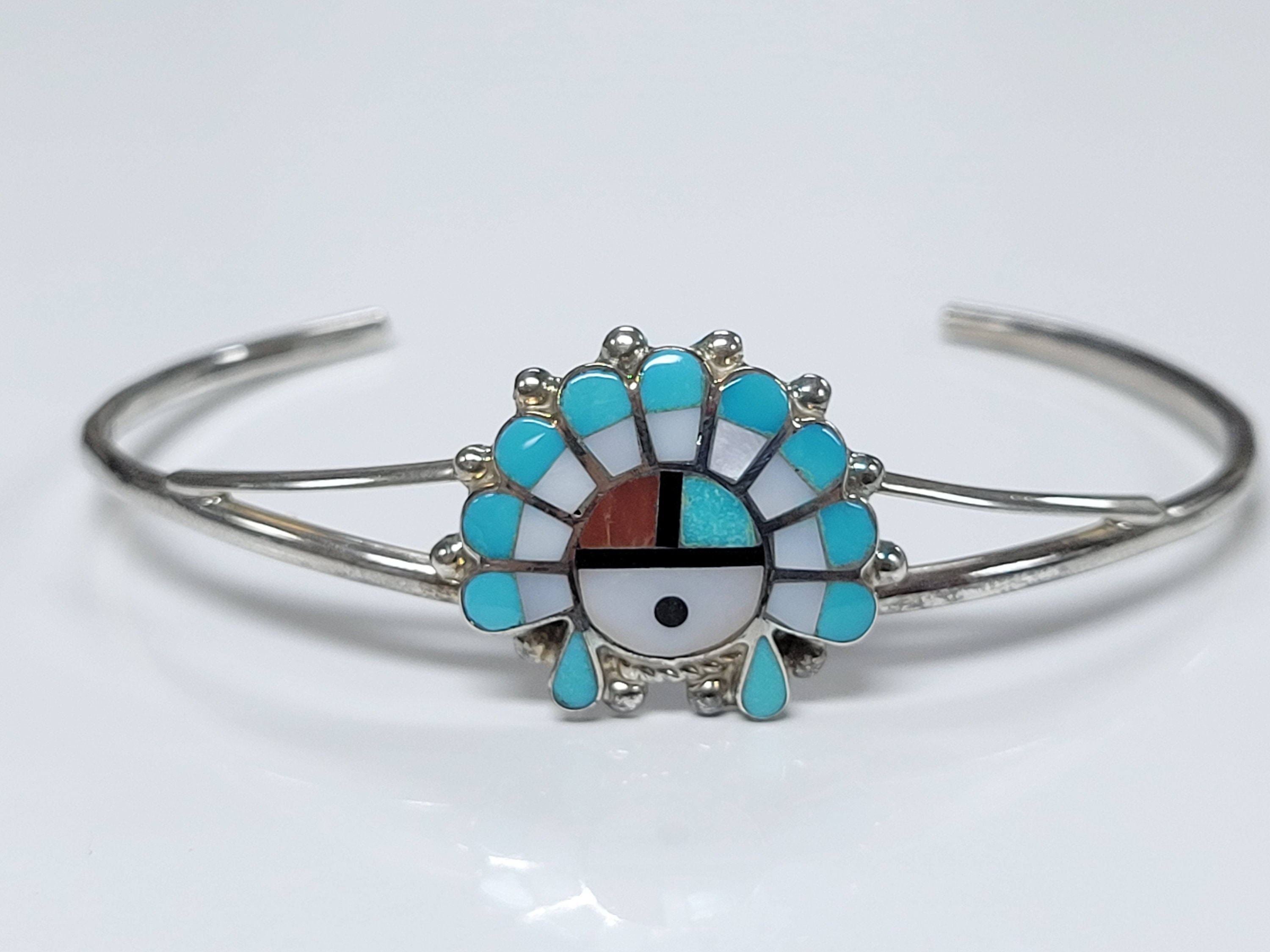 Zuni CR Sterling Silver Sunface Multi Color Mosaic Cuff