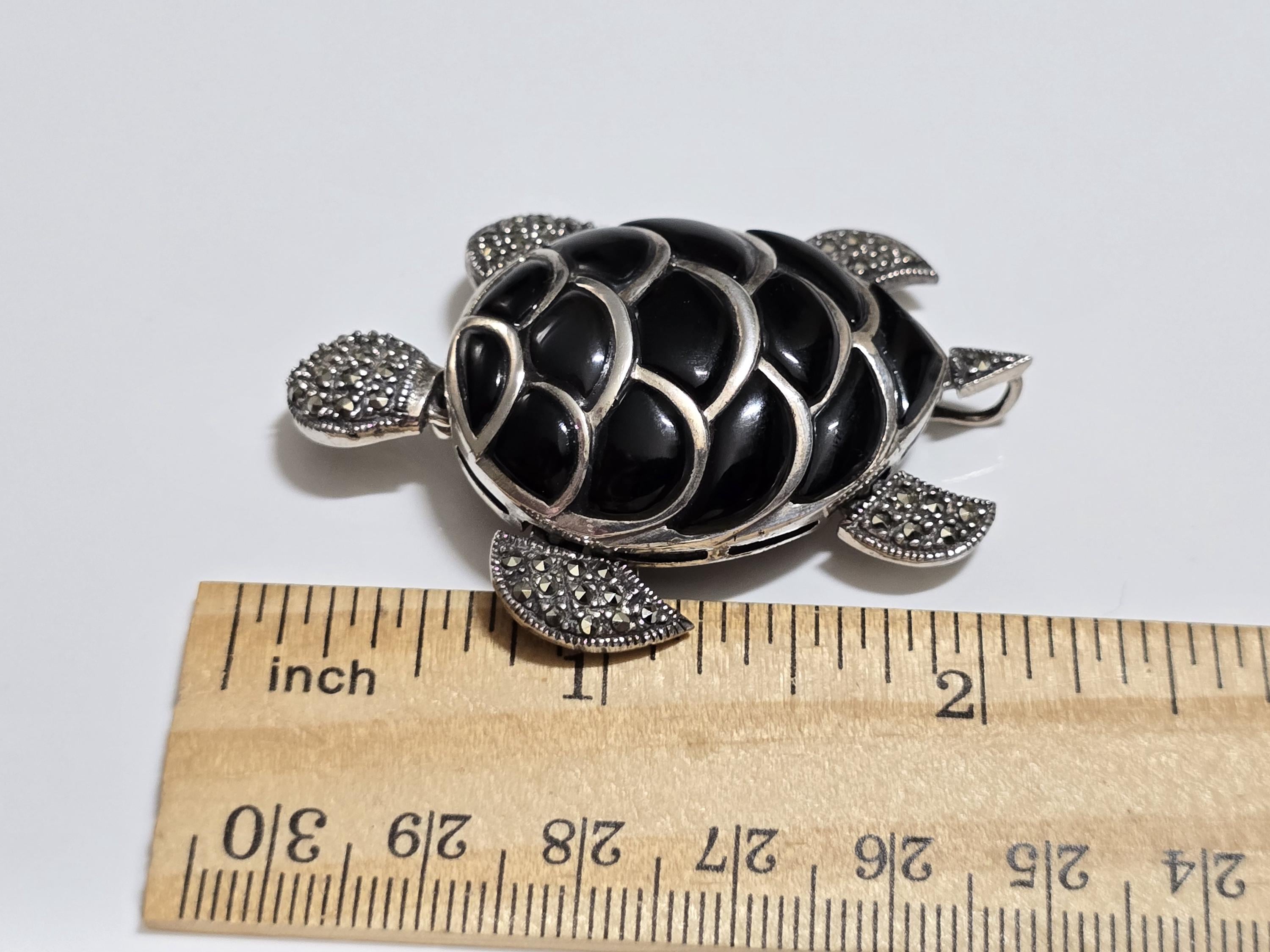 Vintage Sterling Silver Articulated Turtle Black Onyx and