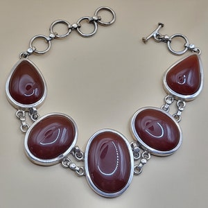 Sterling Silver 925 Carnelian Link Bracelet with Toggle Clasp Size 9 inches