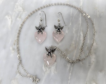 Sterling Silver Cherub Angels Rose Quartz Hearts Pendant Necklace and Earrings 25 in (L28)