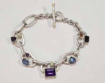 Vintage Sterling Silver Multi Gemstone Chain Bracelet size 7.5 in