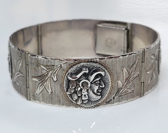 Vintage Sterling Silver Aztec Calendar Mayan Warrior Link Bracelet 925 Size 7 in