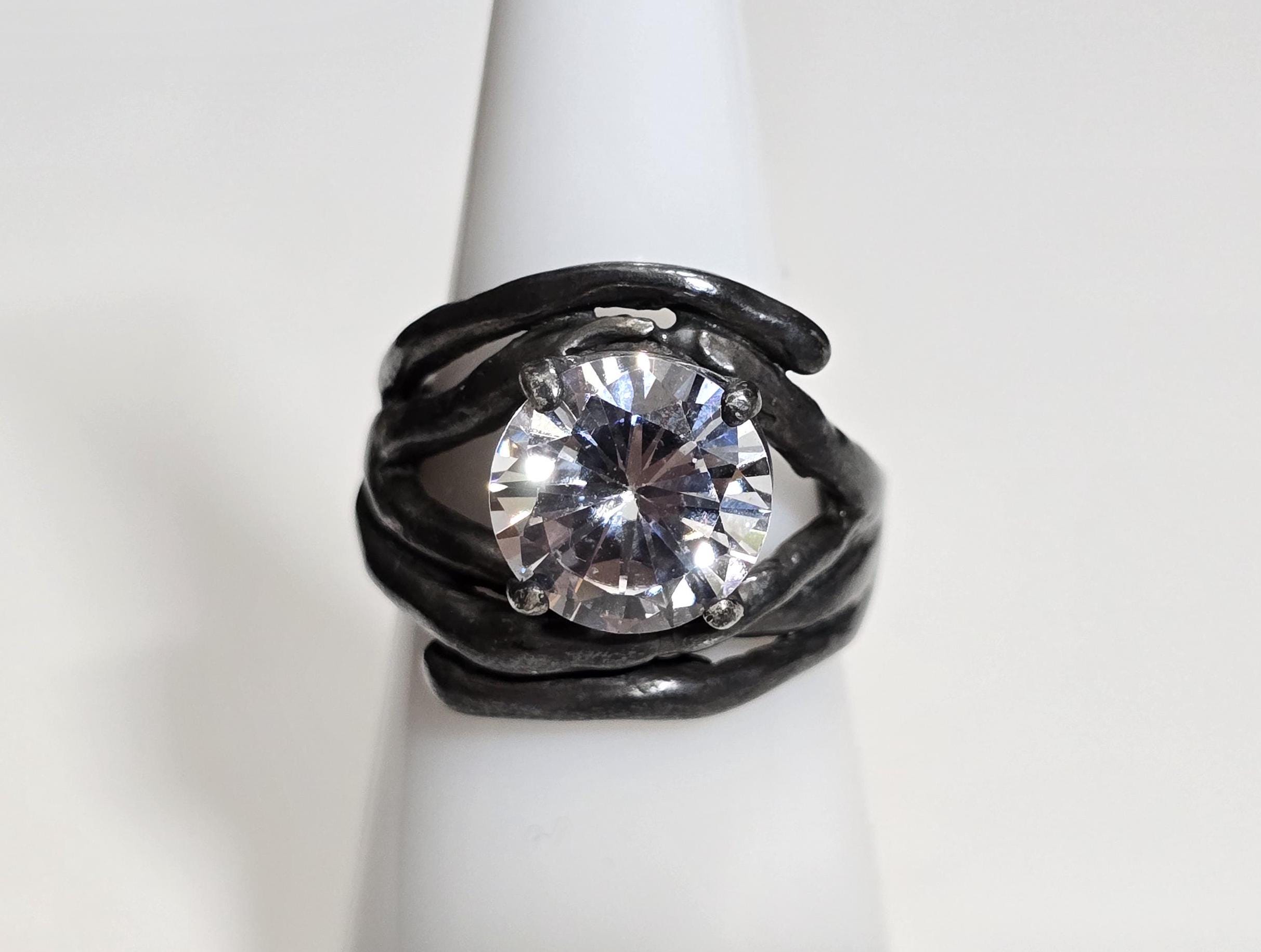 Vintage Zuman Sterling Silver Oxidized Large CZ Solitaire Ring