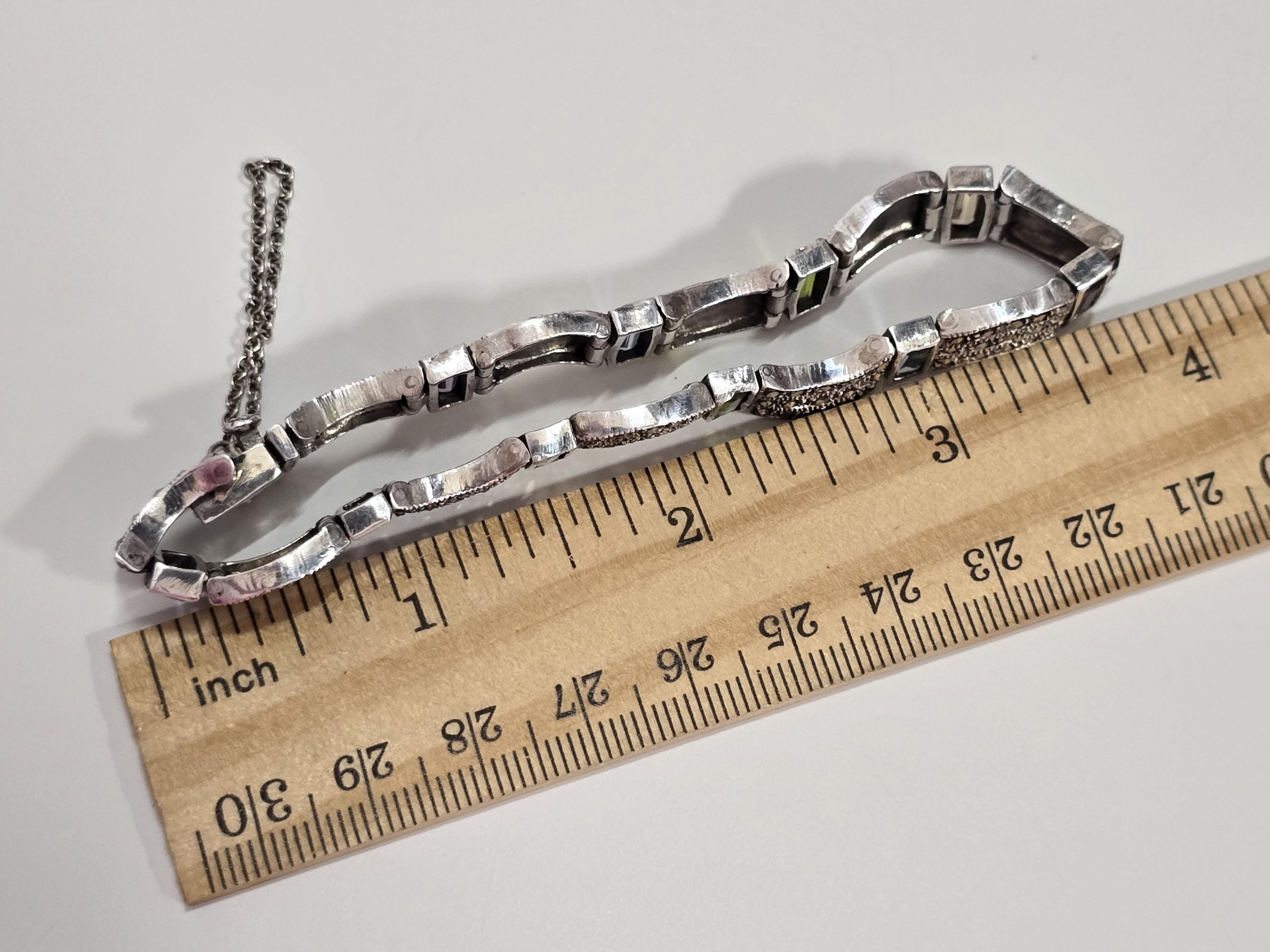 Bracelet Articulé En Argent Massif 925 Style Art Déco Avec Marcassites Et Initiales - 7 Parties - Occasion En Bel état