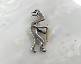 Vintage Sterling Silver 925 Kokopelli Pendant With Yellow Gold Plated Stick (G)