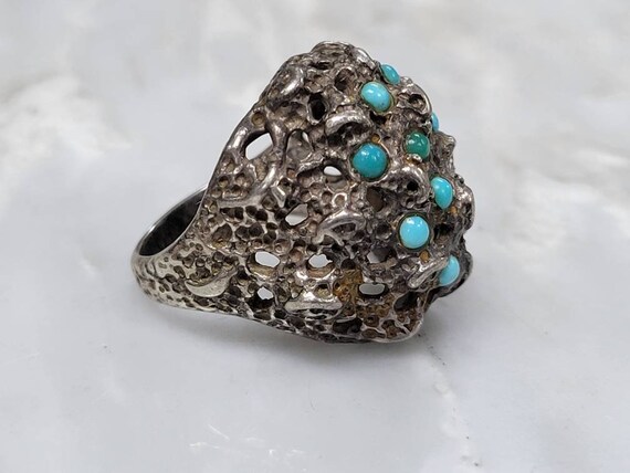 Vintage Sterling Silver Sand Cast Turquoise Ring … - image 3