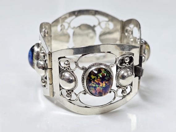 Vintage Taxco Sterling Silver Dichroic Glass Filigree Panel Heavy Bracelet size 6.75 in View 4