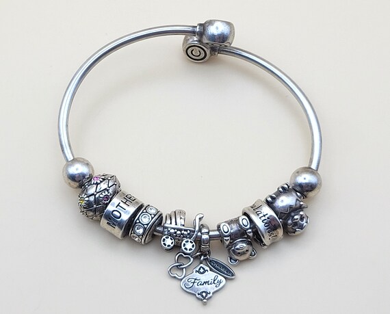 Chamilia Sterling Silver Bangle Bracelet With 8 Bead Charms One Pandora Hatching Chick Charm SIZE 6.75 in F30 Etsy