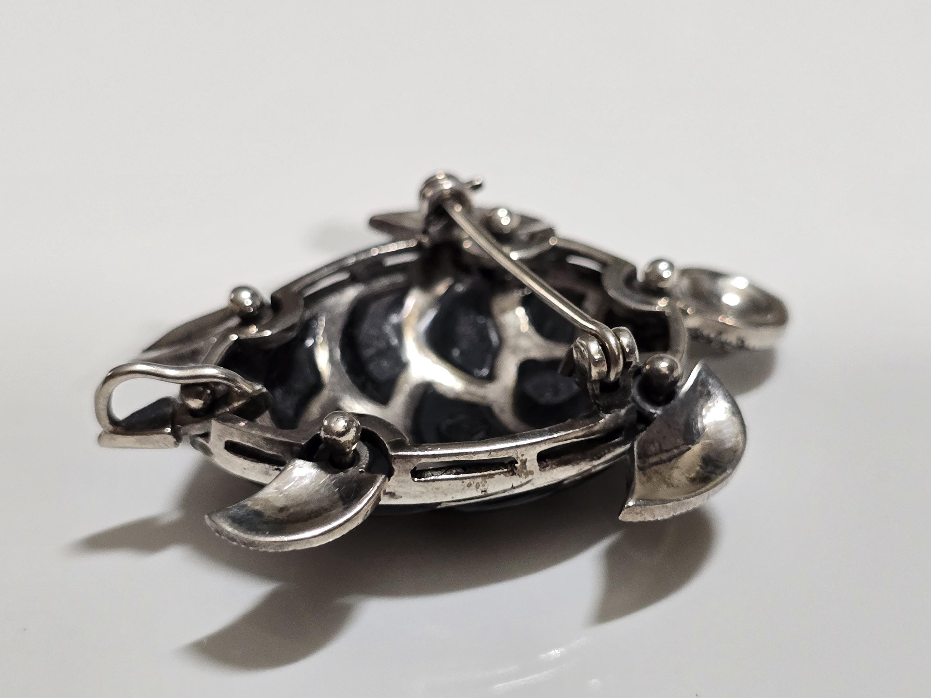 Vintage Sterling Silver Articulated Turtle Black Onyx and