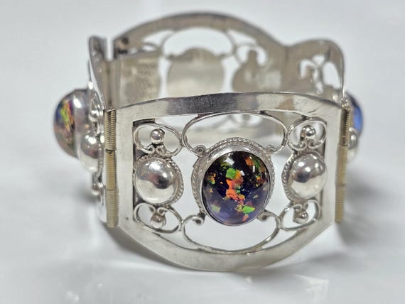 Vintage Taxco Sterling Silver Dichroic Glass Filigree Panel Heavy Bracelet size 6.75 in View 3
