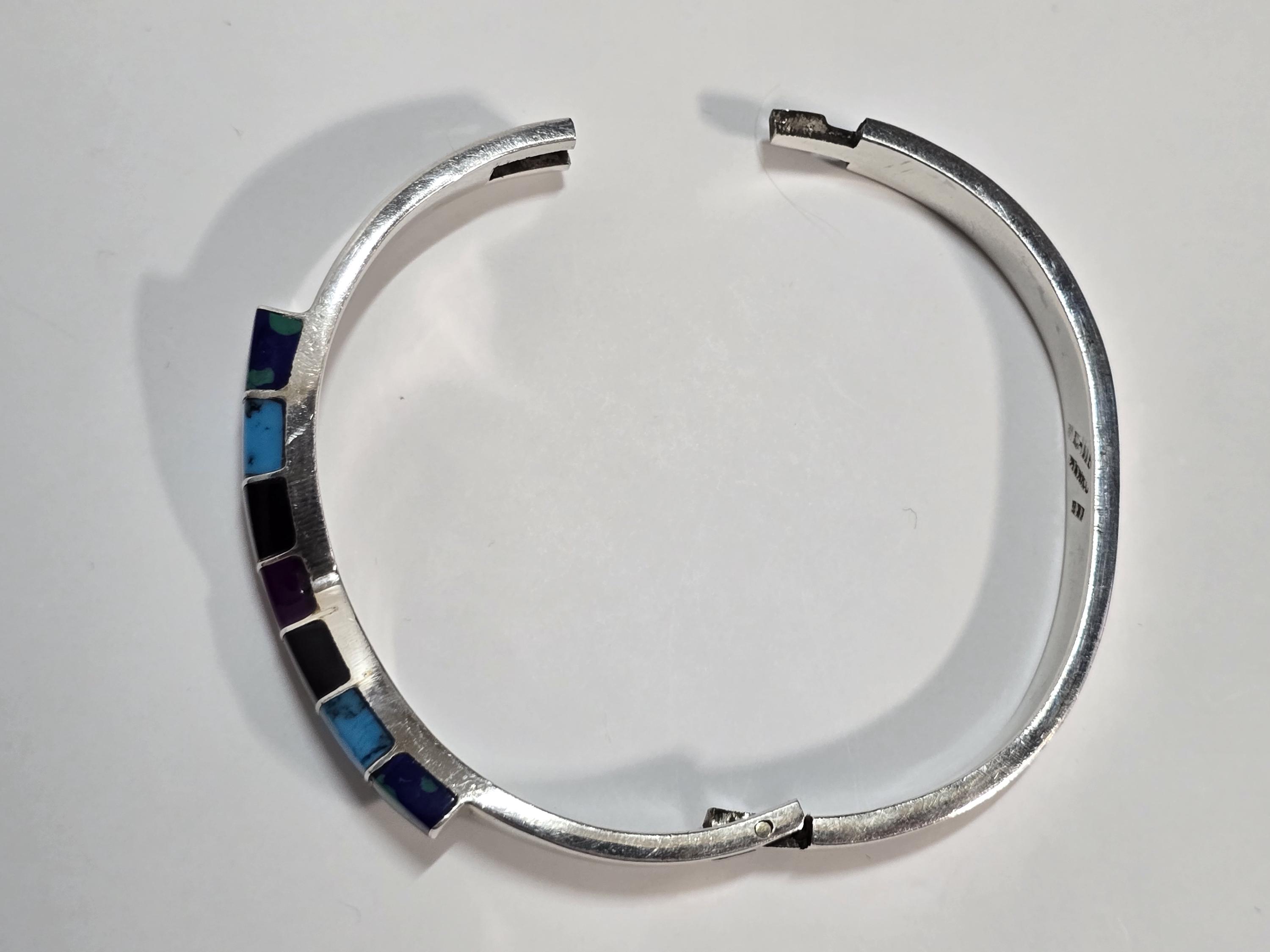 Vintage Taxco Sterling Silver Multi Gemstone Hinged Bangle