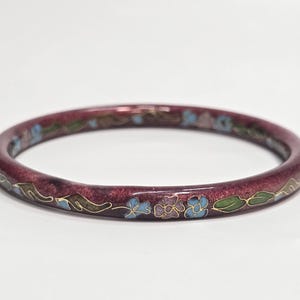 Vintage Chinese Cloisonne Burgundy Floral Enamel Bangle Bracelet SIZE 8 in