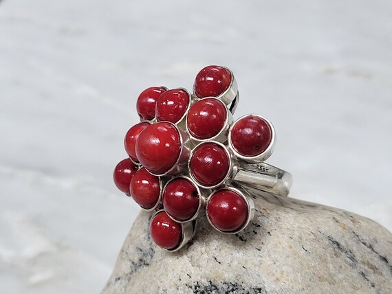 Sterling Silver Red Beads Statement Ring size 6.25 - image 3