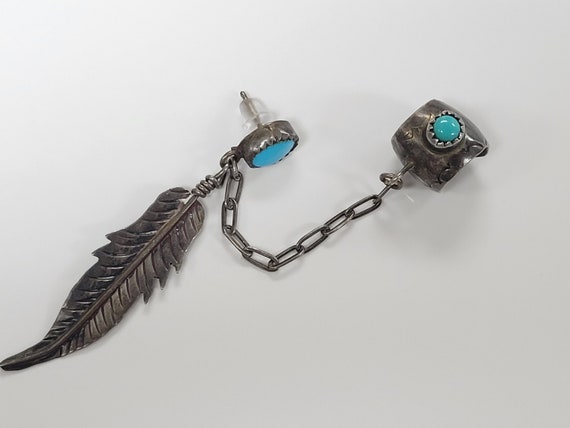 Navajo Sterling Silver Turquoise Feather Dangle E… - image 3
