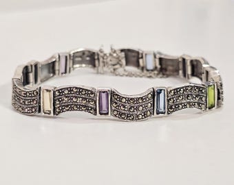 Art Deco Sterling Silver Marcasites And Multi Colored CZ Bracelet size 7.5 in