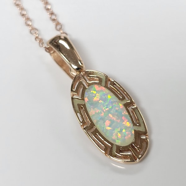 Hellas Sterling Silver With Rose Gold Plating Greek Key Opal Pendant on Cable Chain Dainty Necklace size 16 in (U06)