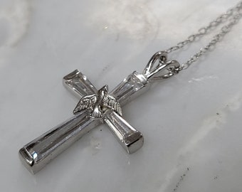 Sterling Silver CZ Cross Peace Dove Pendant On Cable Chain Necklace size 18.5 in (L24)