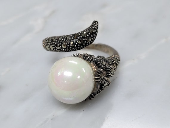 Vintage Sterling Silver Faux Pearl And Marcasites… - image 1