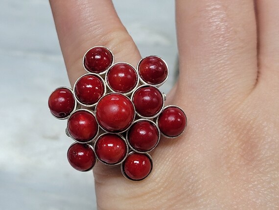 Sterling Silver Red Beads Statement Ring size 6.25 - image 10