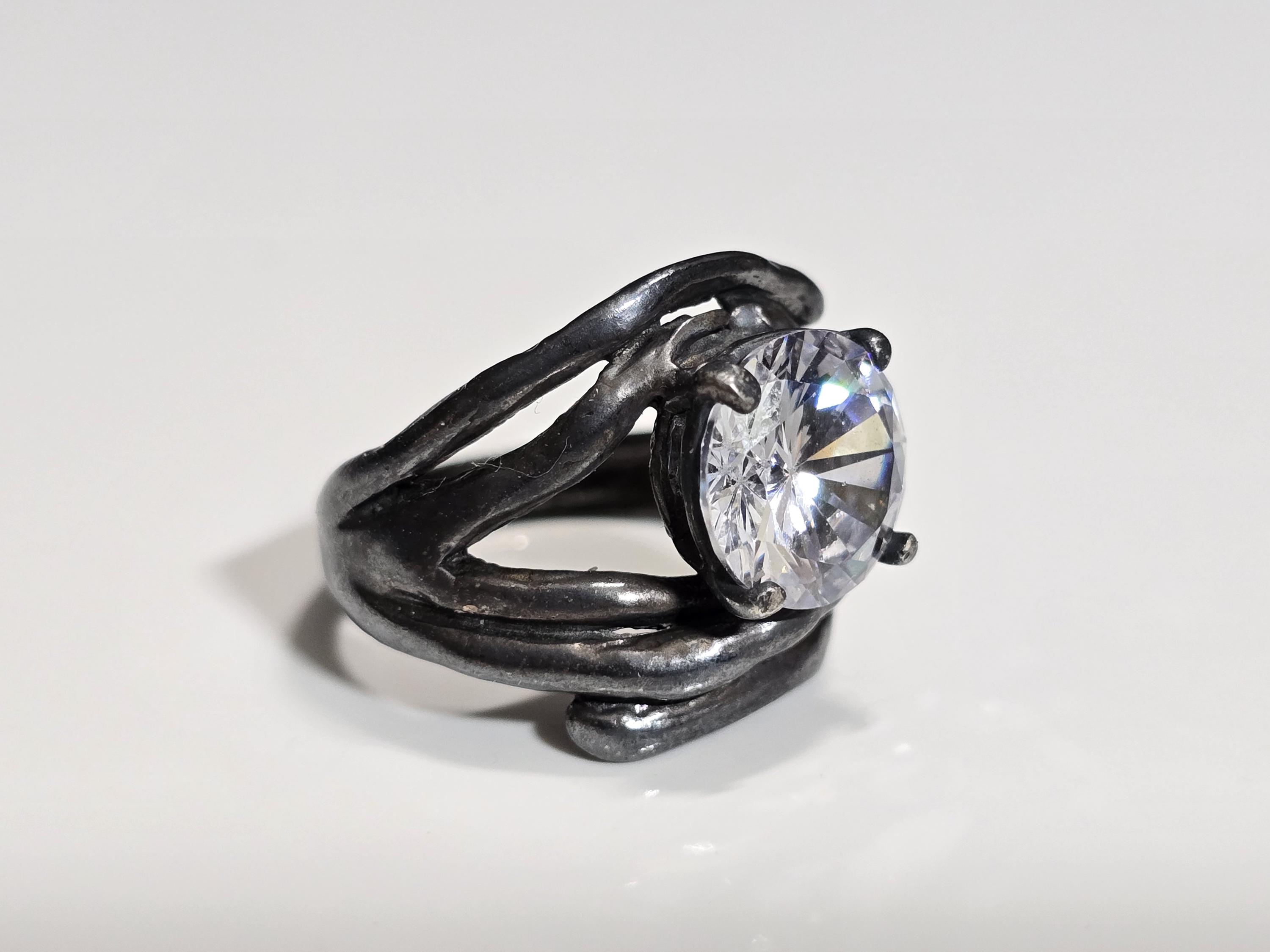 Vintage Zuman Sterling Silver Oxidized Large CZ Solitaire Ring