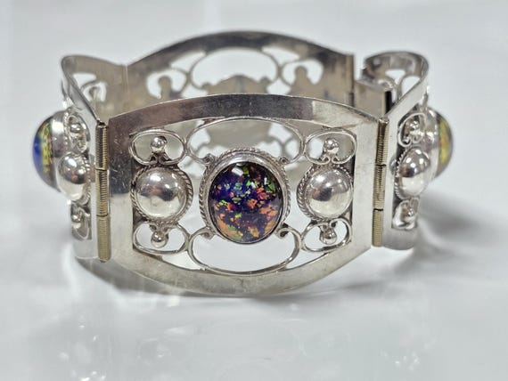 Vintage Taxco Sterling Silver Dichroic Glass Filigree Panel Heavy Bracelet size 6.75 in View 2