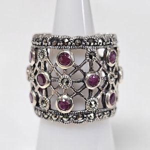 CFJ Sterling Silver Rubies And Marcasites Wide Band Ring Size 6