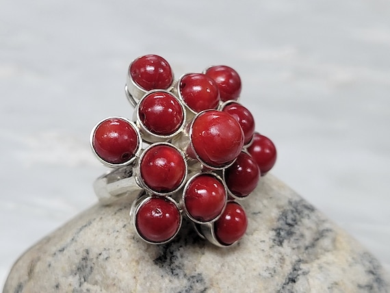 Sterling Silver Red Beads Statement Ring size 6.25 - image 2