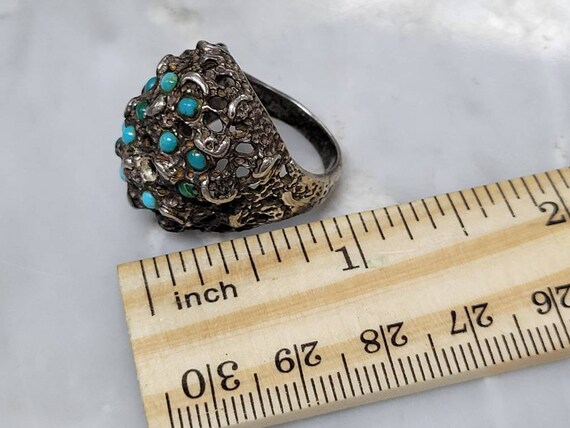 Vintage Sterling Silver Sand Cast Turquoise Ring … - image 8