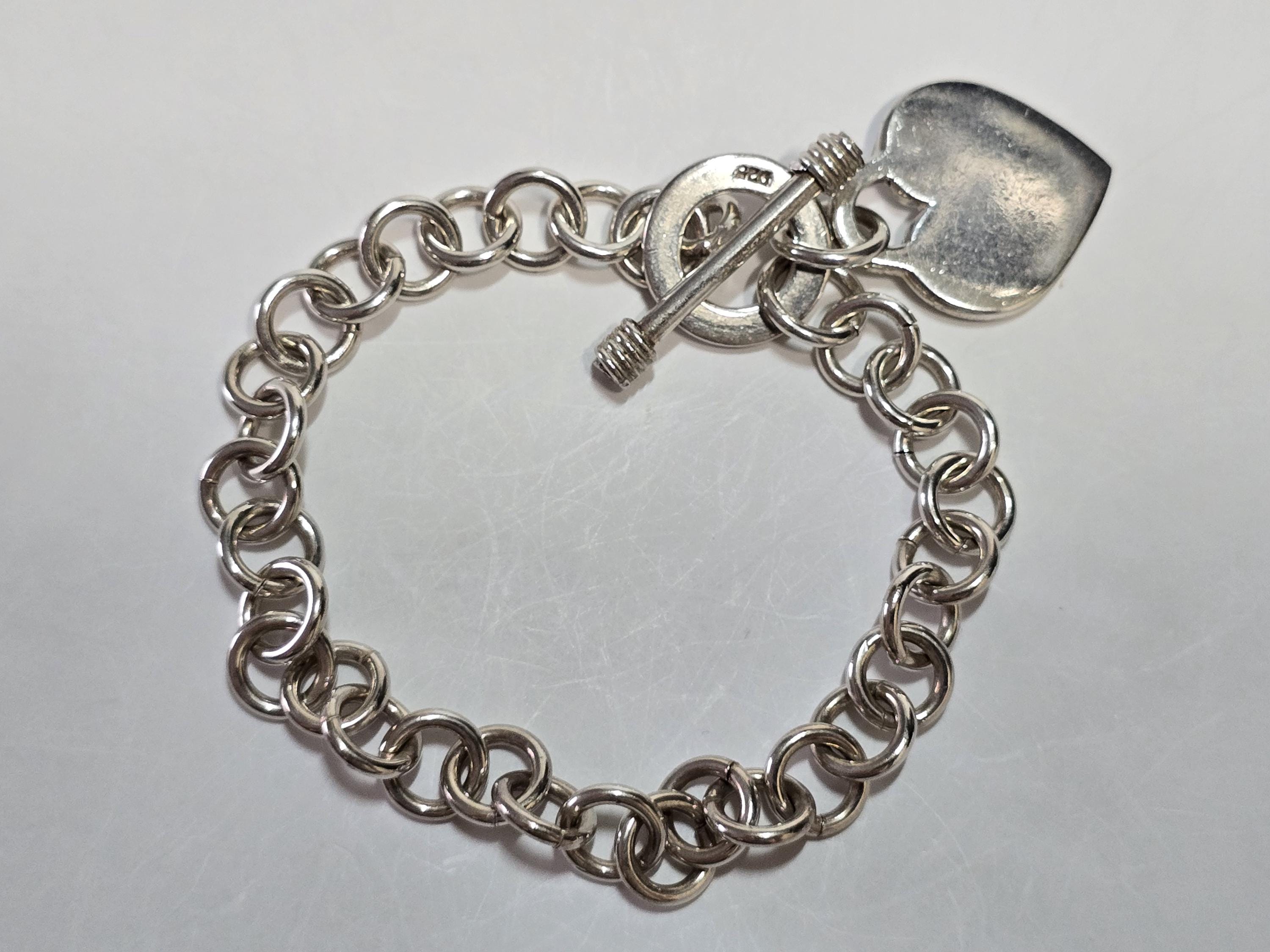 Vintage Sterling Silver Cable Chain Charm Toggle Clasp Bracelet