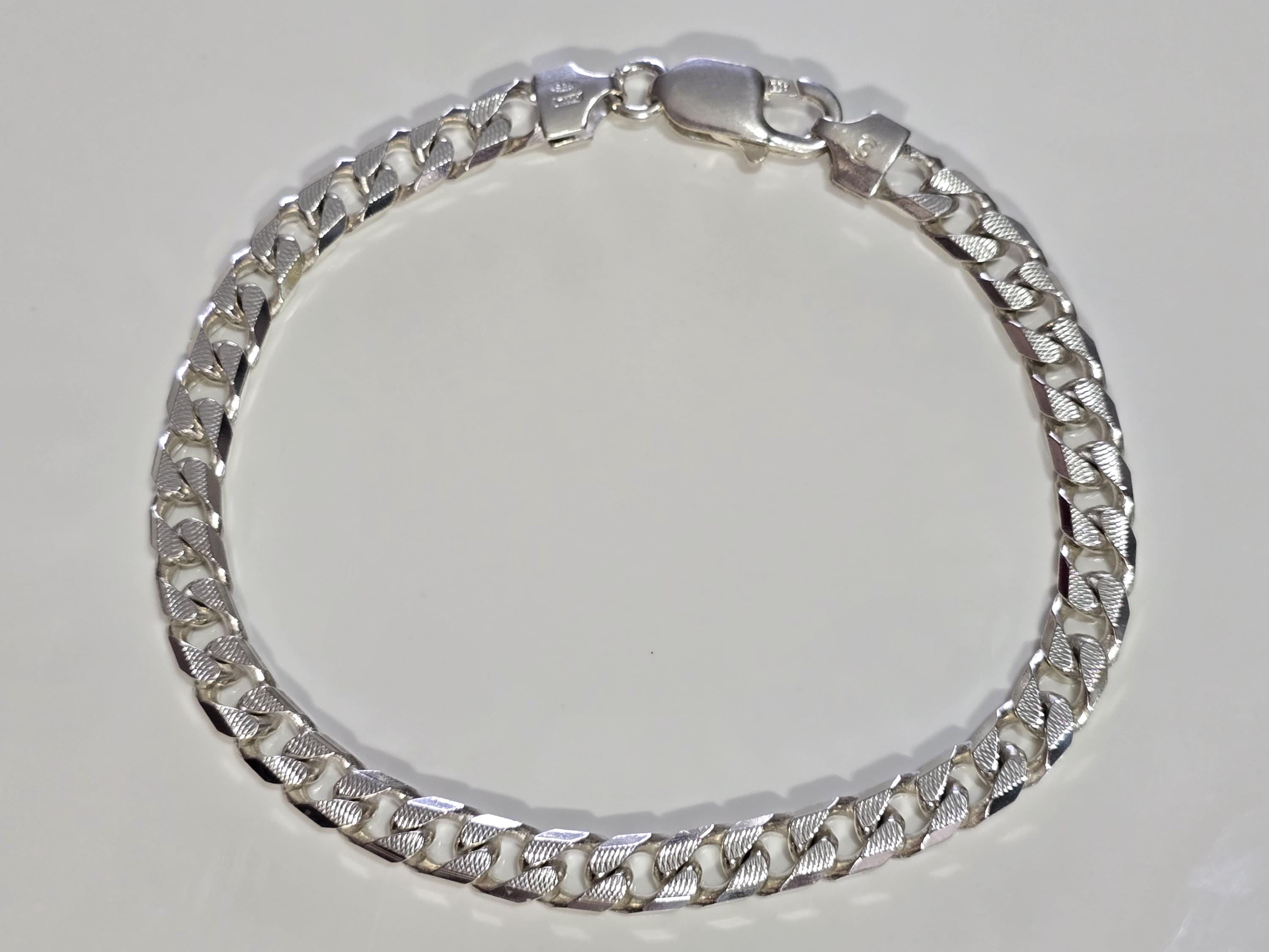 Bracelet Gourmette Ancien En Argent Massif 925, Avec Breloque Et Pierre Précieuse - Occasion