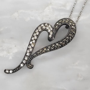 Vintage Judith Jack Marcasites And CZ Heart Pendant With Box Chain Necklace size 30 in