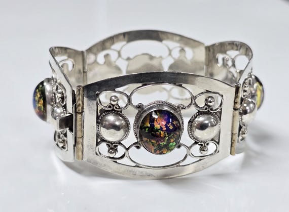 Vintage Taxco Sterling Silver Dichroic Glass Filigree Panel Heavy Bracelet size 6.75 in