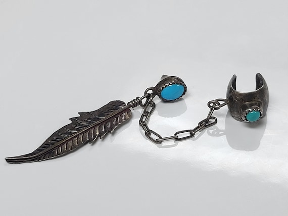 Navajo Sterling Silver Turquoise Feather Dangle E… - image 2
