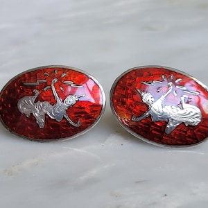 Vintage Siam Sterling Silver Rare Red Enamel Screw Back Earrings