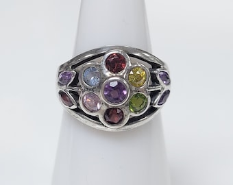 Sterling Silver Multi Colored CZ Flower Band Ring size 5.75