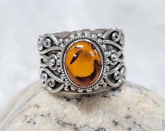 Bali Sterling Silver Amber Ornate Statement Ring size 7